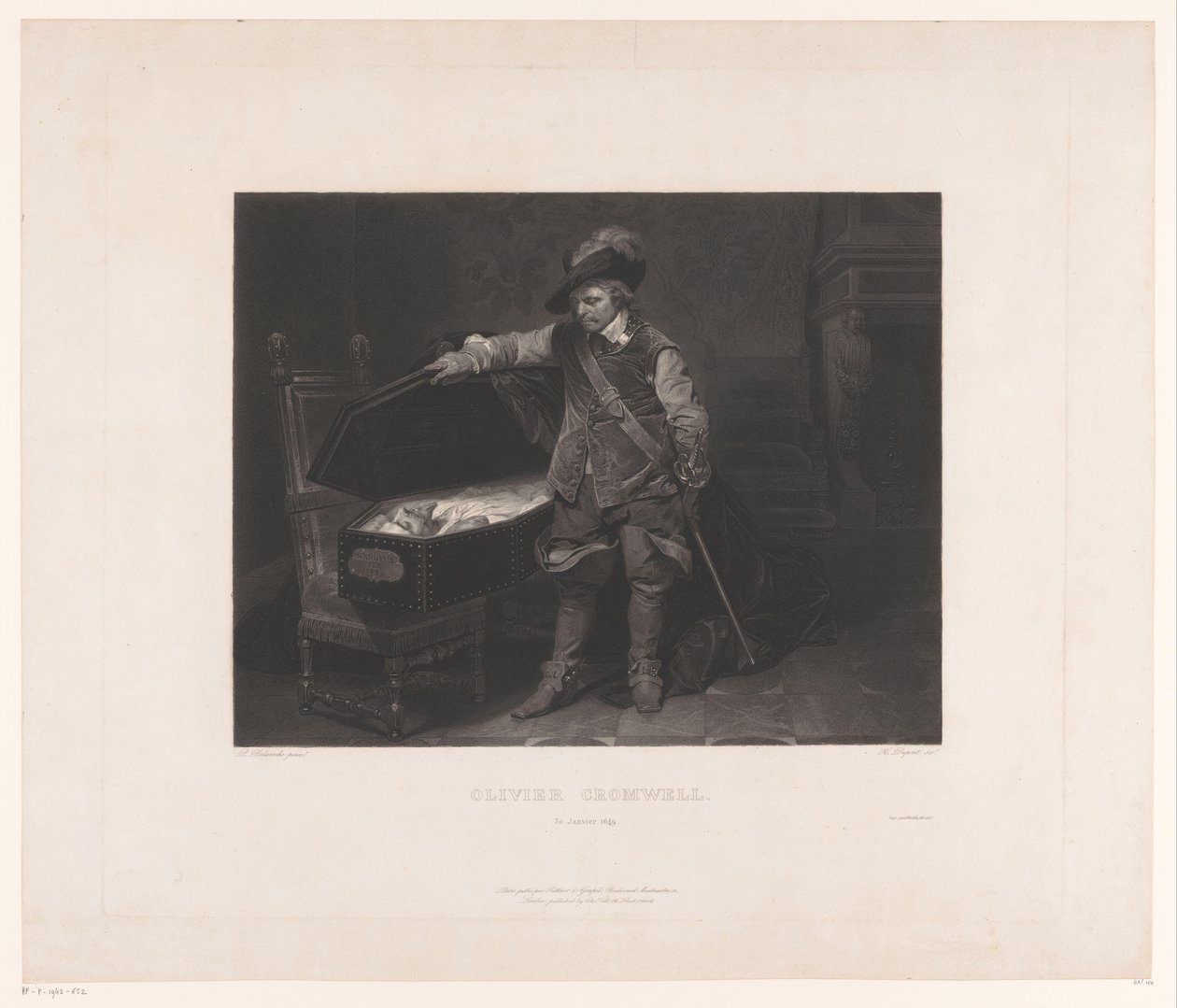 Oliver Cromwell bij de doodskist van Karel I, koning van Engeland door Louis Pierre Henriquel Dupont