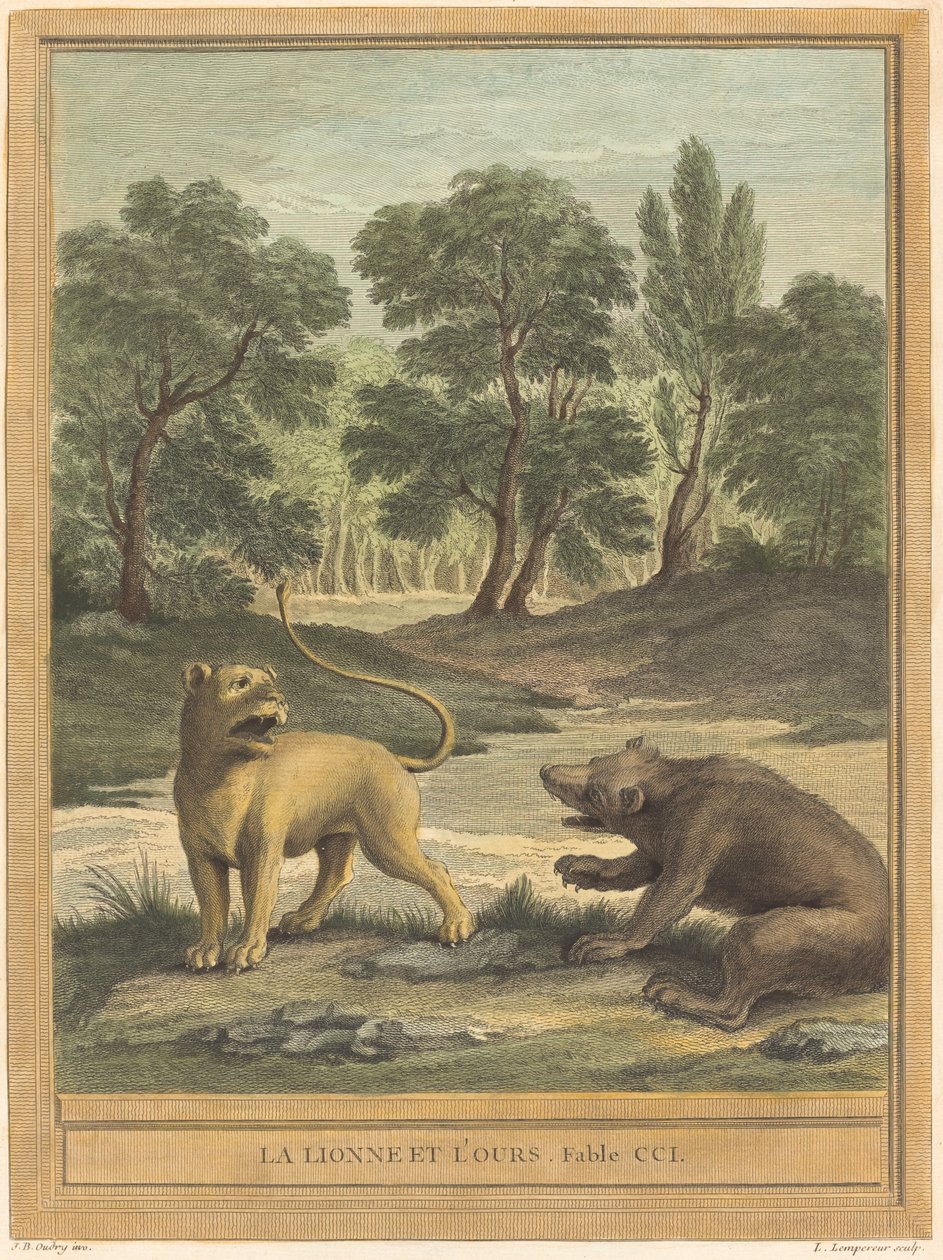 De leeuwin en de beer door Louis Simon Lempereur after Jean Baptiste Oudry
