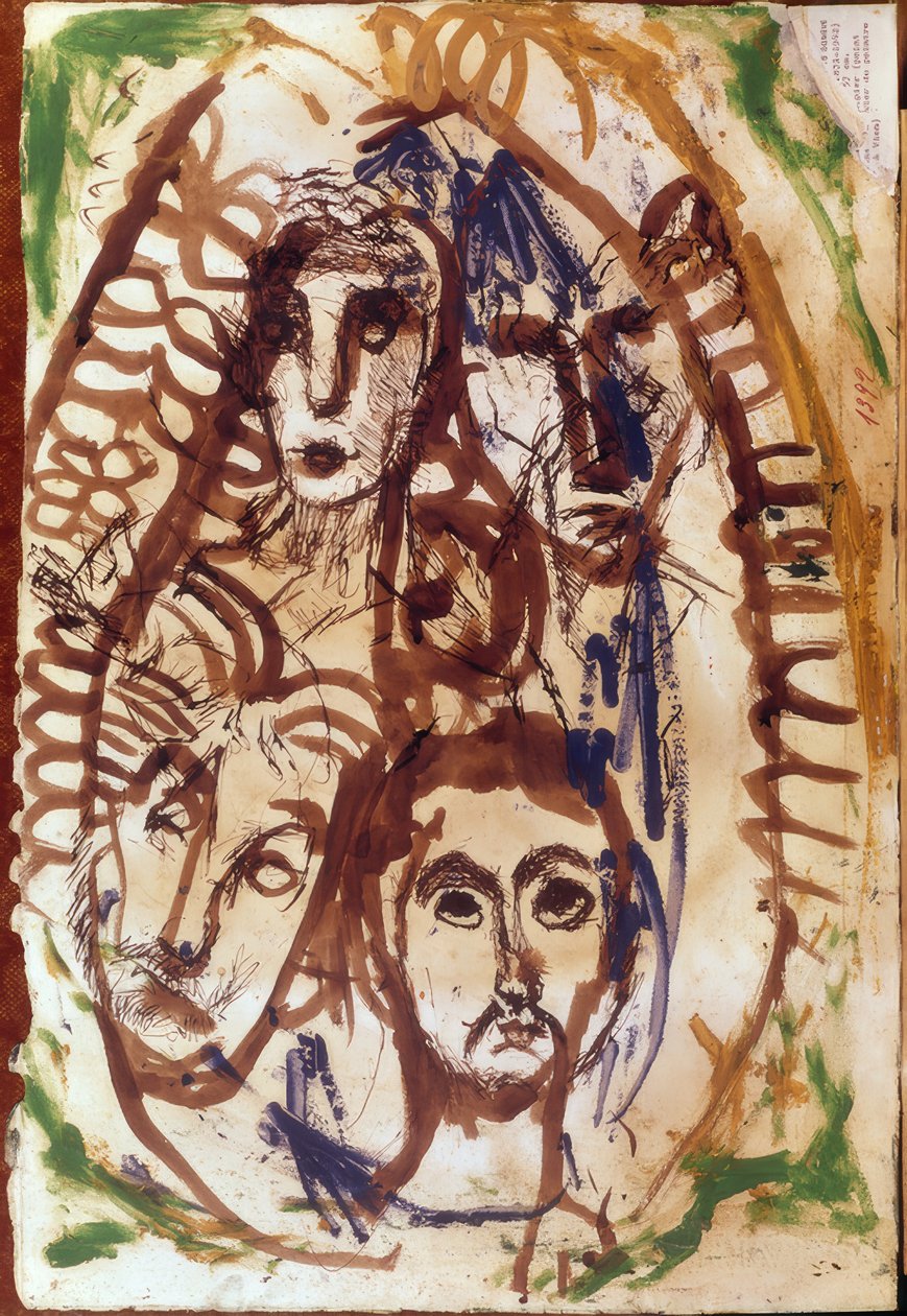 Drei Köpfe in einem Medaillon von Louis Soutter