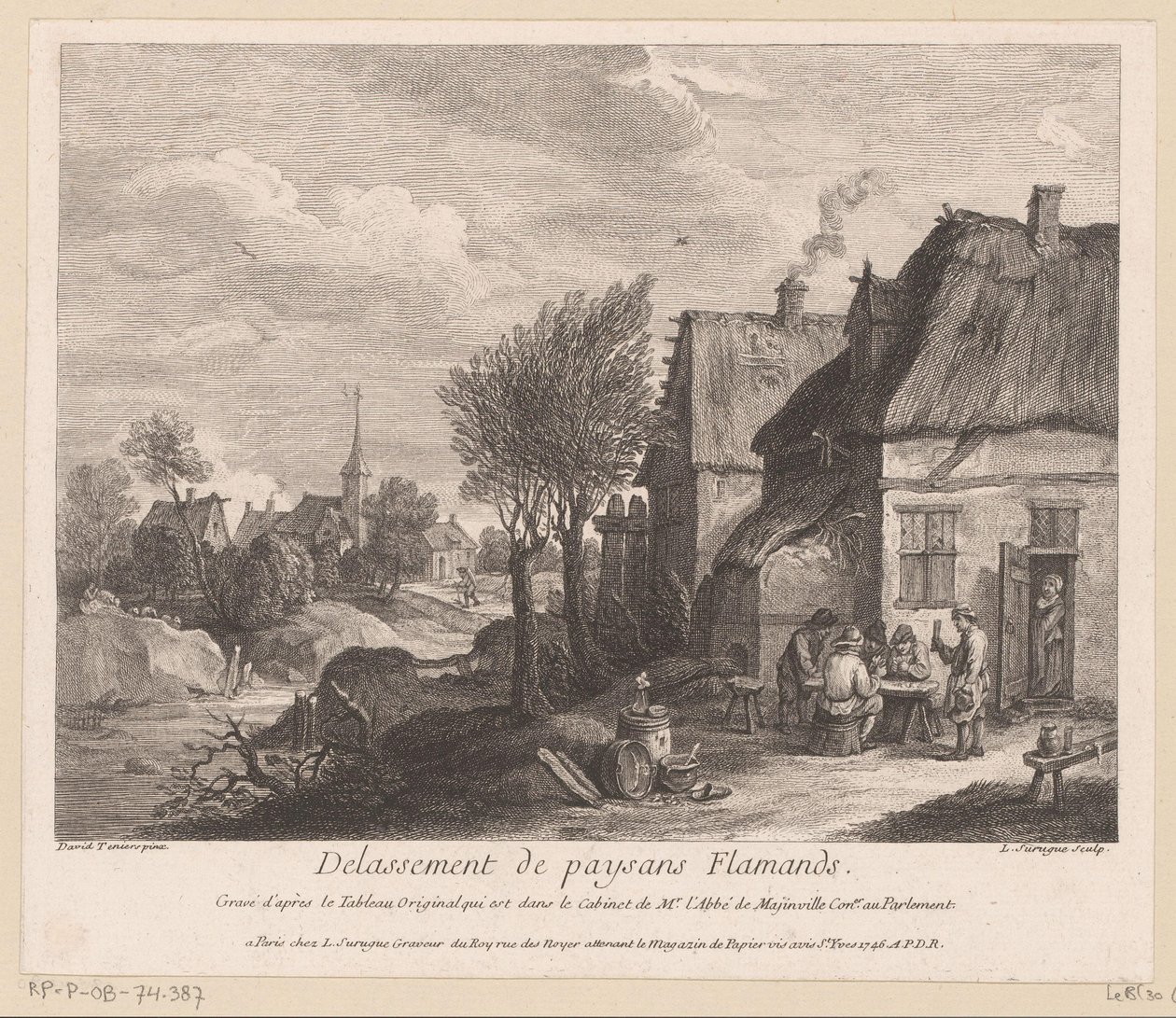Vlaams dorpsgezicht met boeren die een kaartspel spelen (Delassement de paysans Flamands) door Louis Surugue