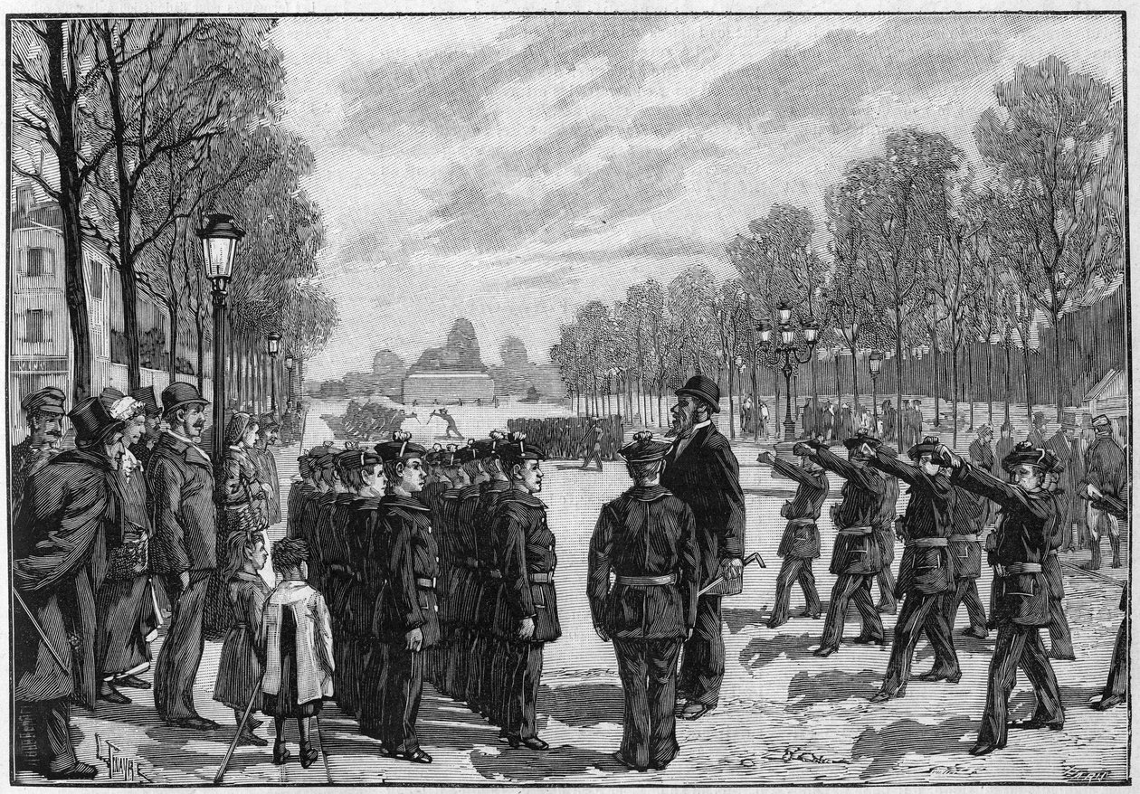 Oefening van schoolbataljons op de boulevard Saint Jacques de Paris door Louis Tinayre