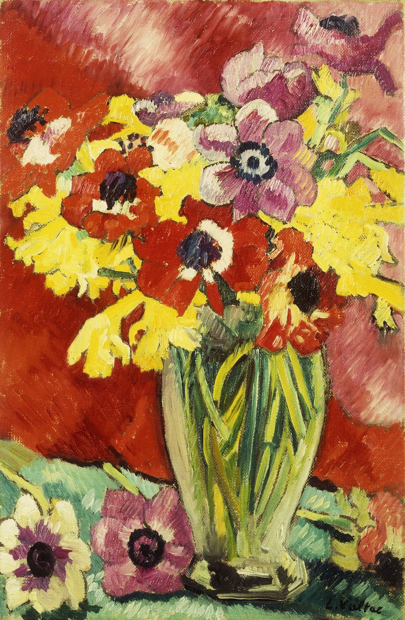 Kristallen vaas met anemonen en narcissen door Louis Valtat