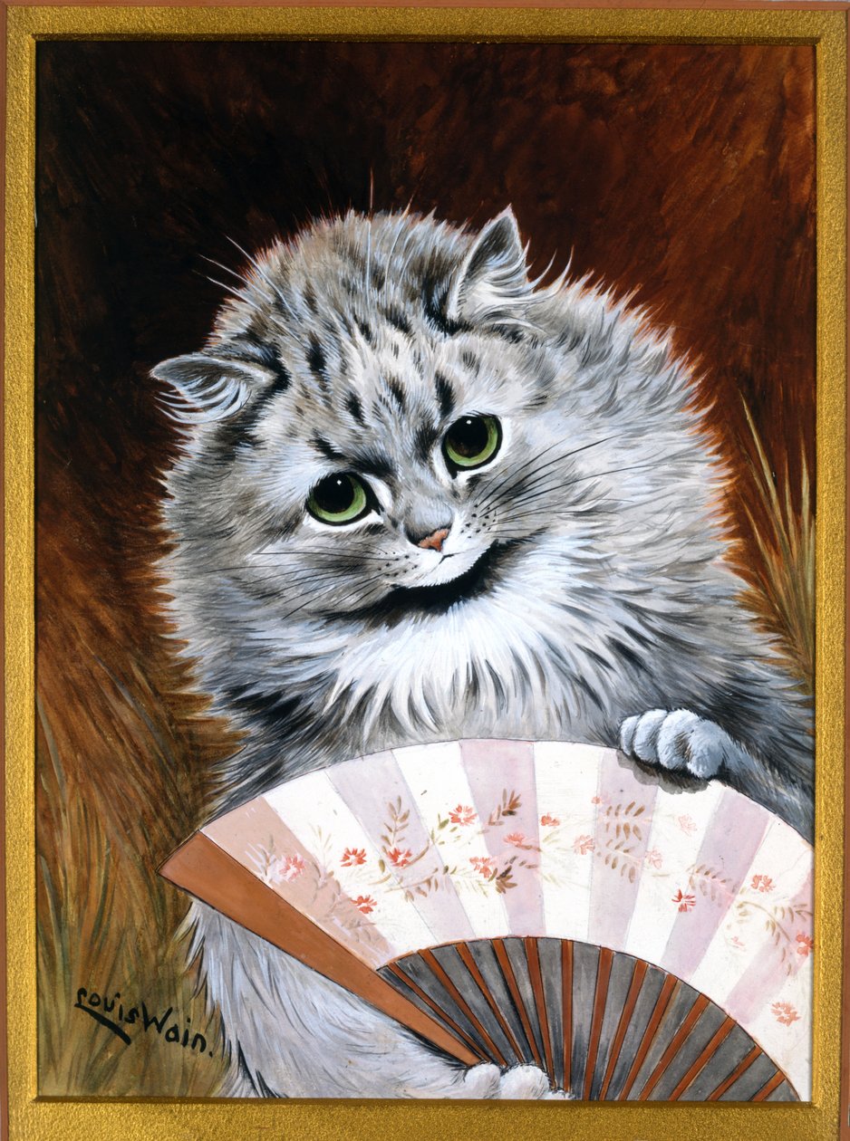 De flirt met de waaier (aquarel) door Louis Wain