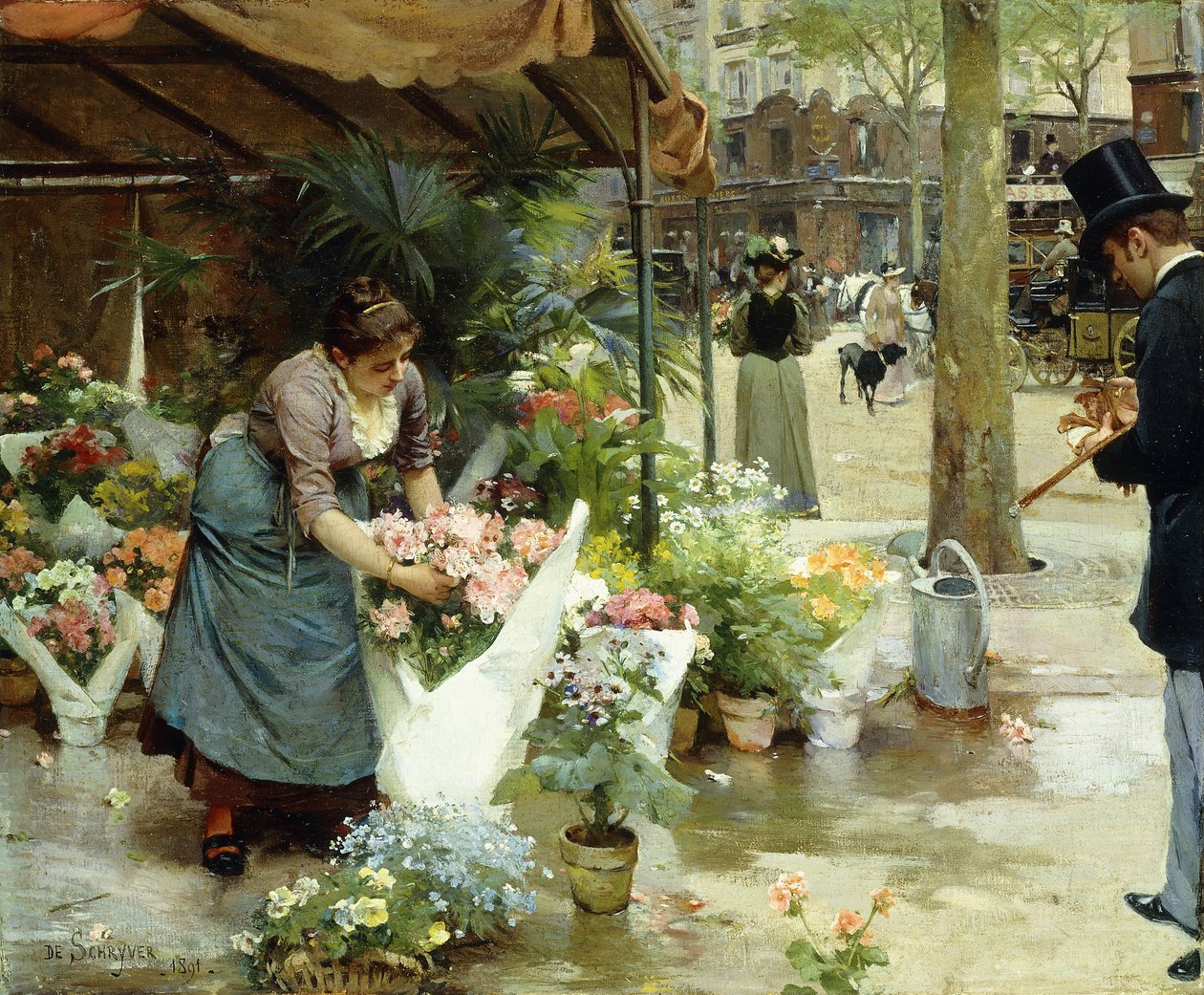 Een bloemenmarkt in Parijs door Louis de Schryver