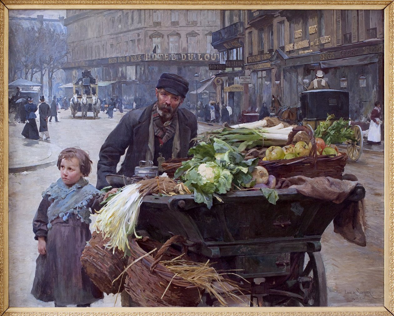 De koopman van de vier seizoenen in Parijs. Achter hem, het Hotel du Louvre (1e arrondissement) door Louis de Schryver