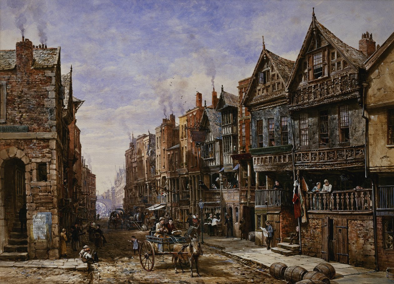 Chester: Watergate Street vanaf de hoek van Crook Street, met Eastgate daarachter door Louise Ingram Rayner
