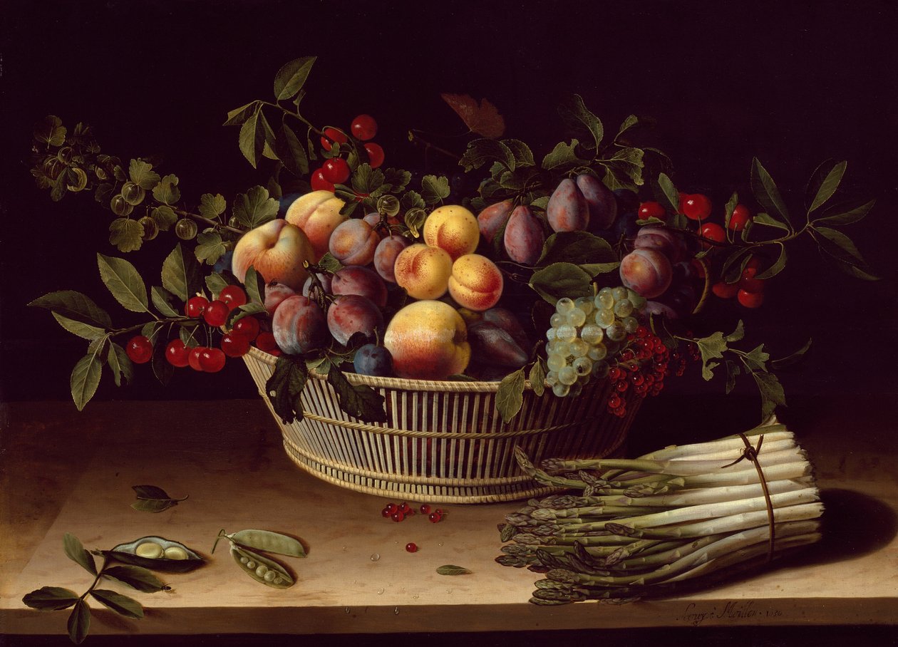 Stilleven met een mand fruit en een bos asperges door Louise Moillon