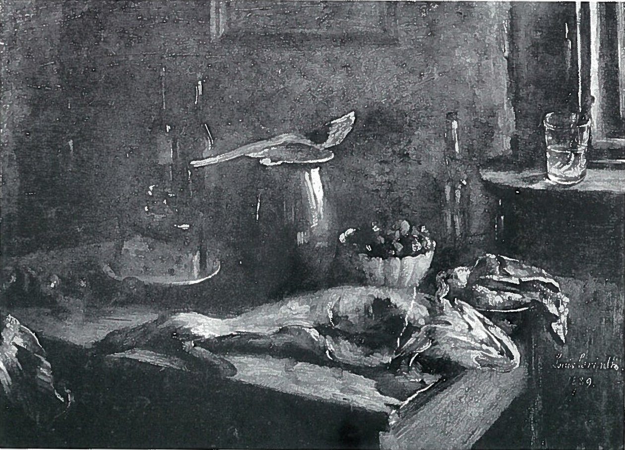 Keukenstilleven, schelvis en rundvlees door Lovis Corinth