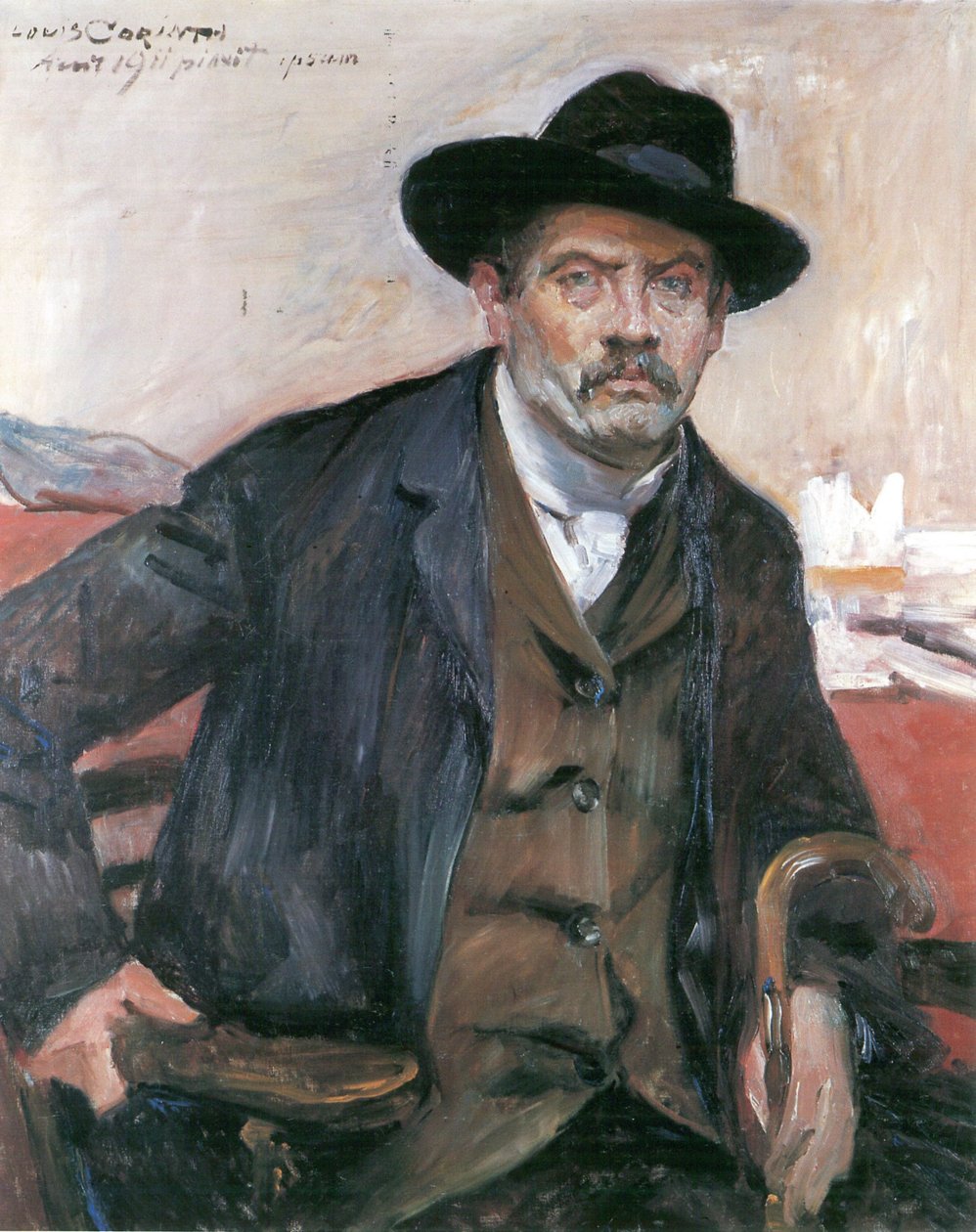Zelfportret met zwarte hoed en stok door Lovis Corinth