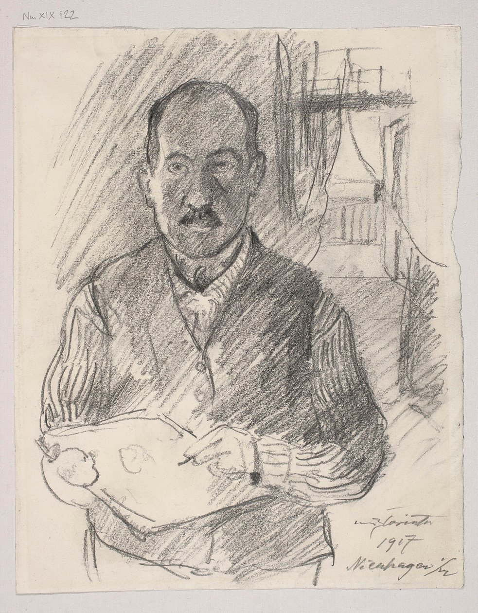 Zelfportret; achterzijde: Schets van een landschap door Lovis Corinth