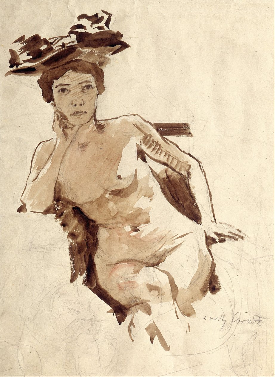 Halfnaakte vrouw met hoed door Lovis Corinth