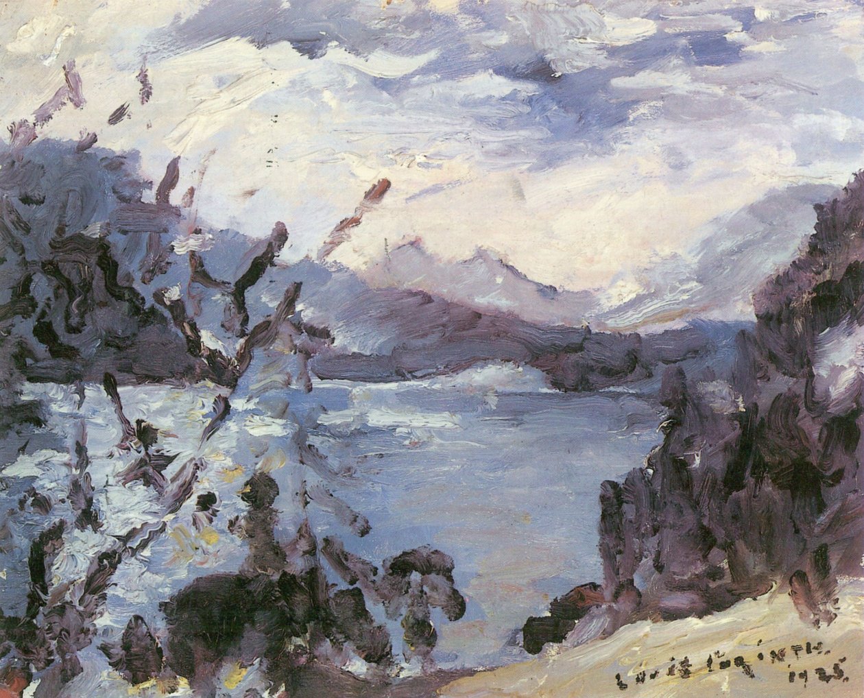 Walchensee met bergketen en oeverhelling door Lovis Corinth