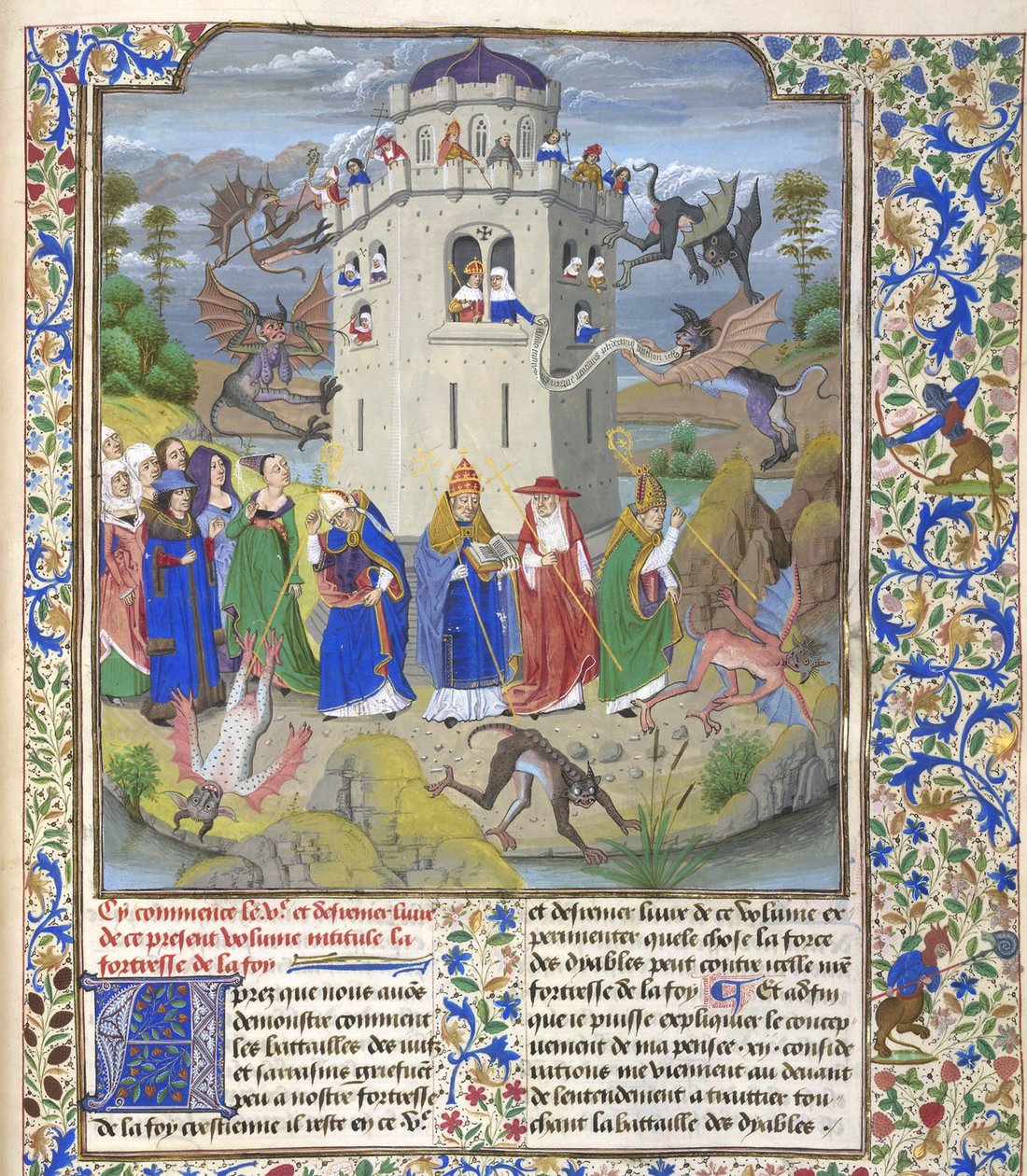 Fort van Geloof Miniatuur van de Heiligen Gregorius, Augustinus, Hiëronymus en Ambrosius vechtend tegen demonen, Laat 15e eeuw door Loyset Liedet