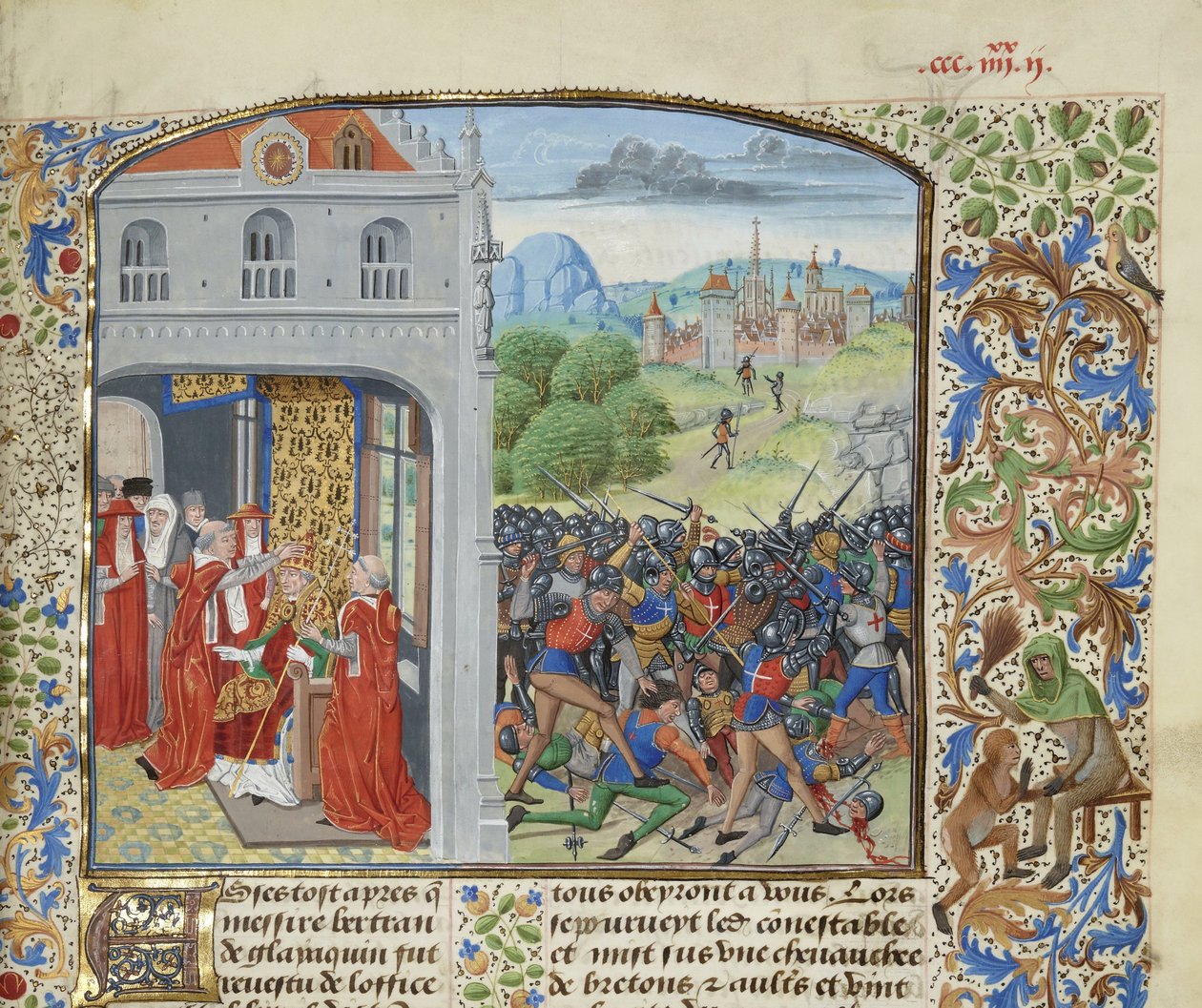De kroning van paus Gregorius XI en de Slag bij Pontvallain, 1370, ca. 1470-1475 door Loyset Liedet