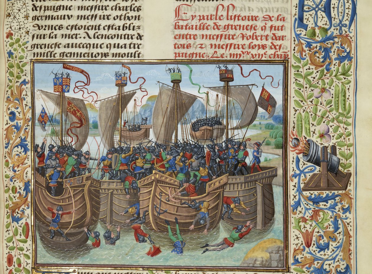 De zeeslag bij Guernsey, 1342, ca. 1470-1475 door Loyset Liedet