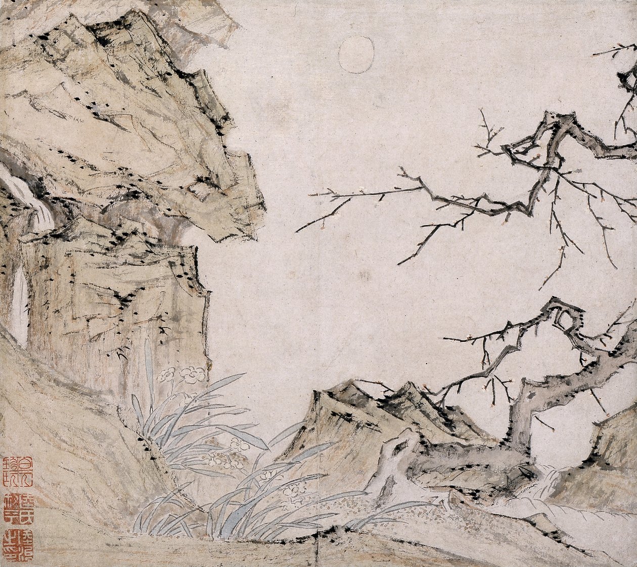 Narcissus, pruimenboom in een landschap door Lu Zhi