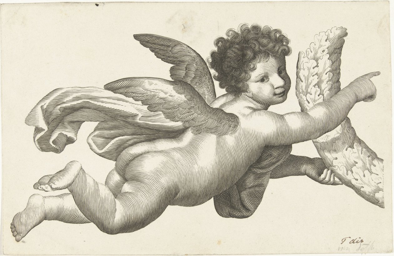 Zwevende putto met krans door Lubertus Teunis van Deth