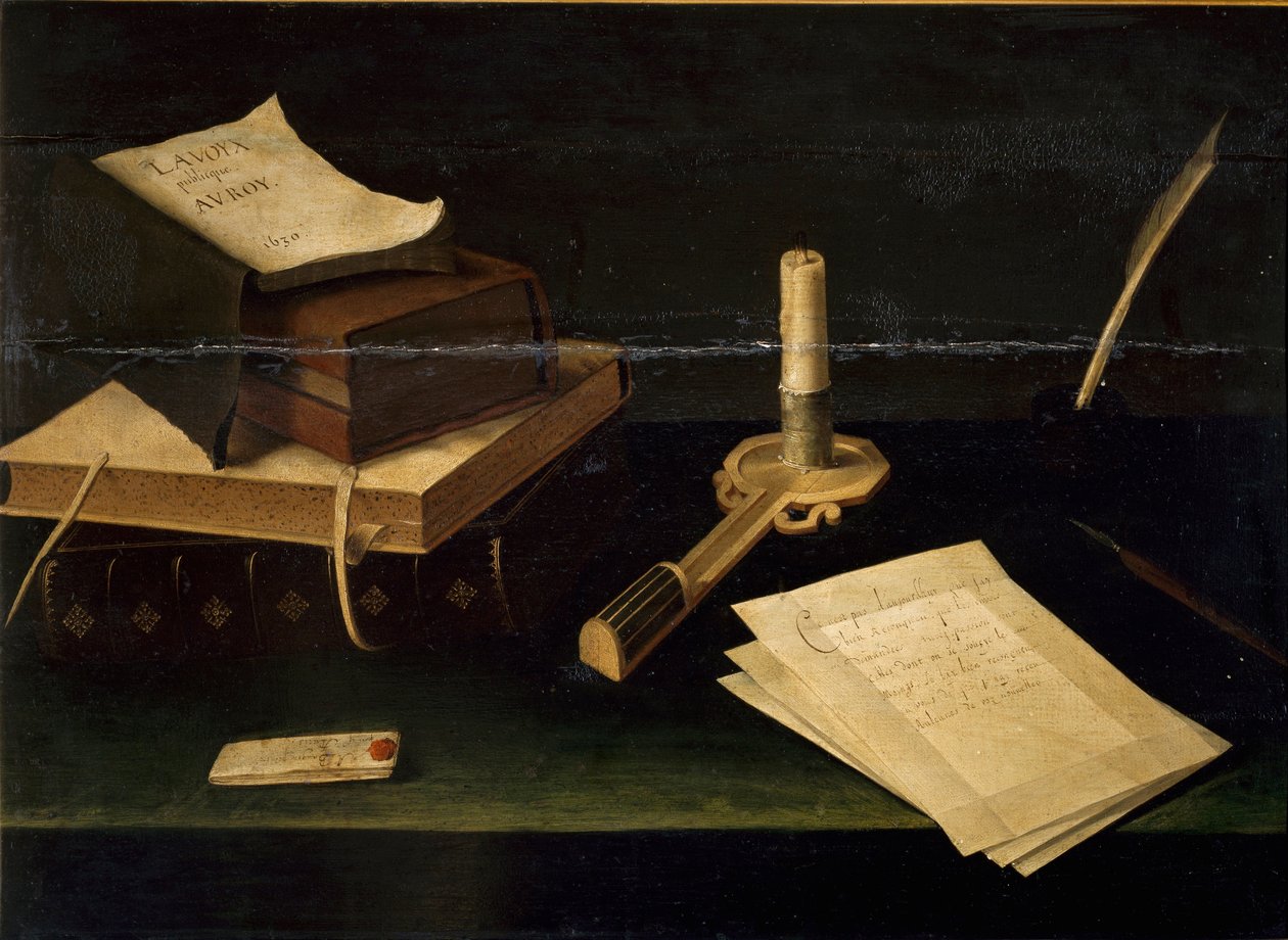 Stilleven van boeken, veer, brief en kaars door Lubin Baugin