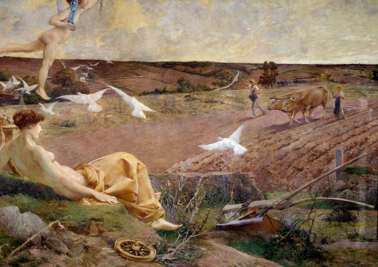 Fortuna allegorische voorstelling van overvloed en vruchtbaarheid. Een boer ploegt zijn veld op de achtergrond. Detail door Luc Oliver Merson