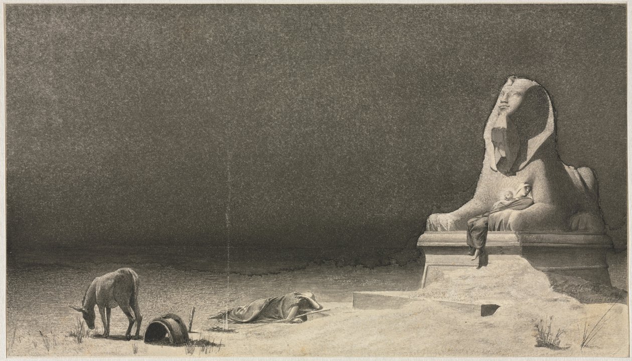 De rust tijdens de vlucht naar Egypte (recto), schets van een sfinx (verso), ca. 1879-80 door Luc Olivier Merson