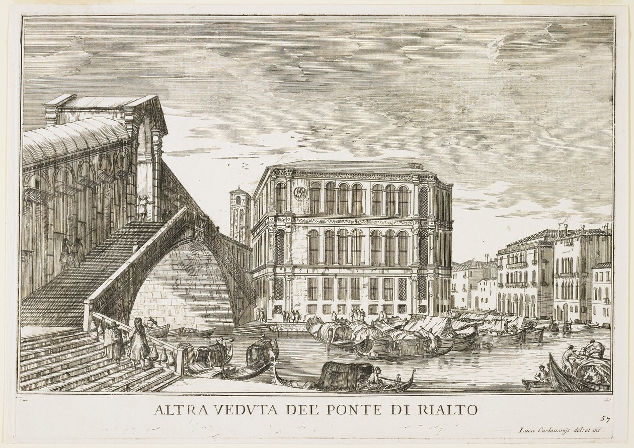 Uitzicht op de Rialtobrug, plaat uit De Gebouwen en Uitzichten van Venetië, 1703, 1750-53 door Luca Carlevaris