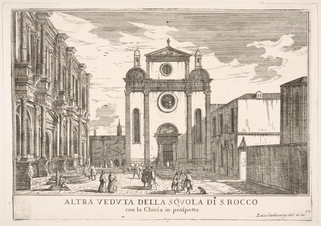 Gezicht op de gevel van de kerk van St. Roch en links de gevel van de school, 1703 door Luca Carlevarijs