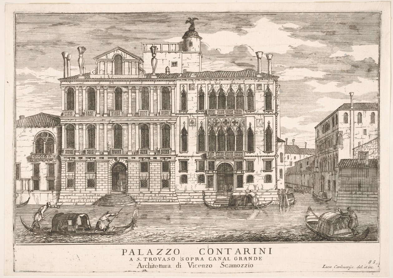 Plaat 85: Uitzicht op het Contarini Paleis in Campo San Trovaso, Venetië, uit De gebouwen door Luca Carlevarijs