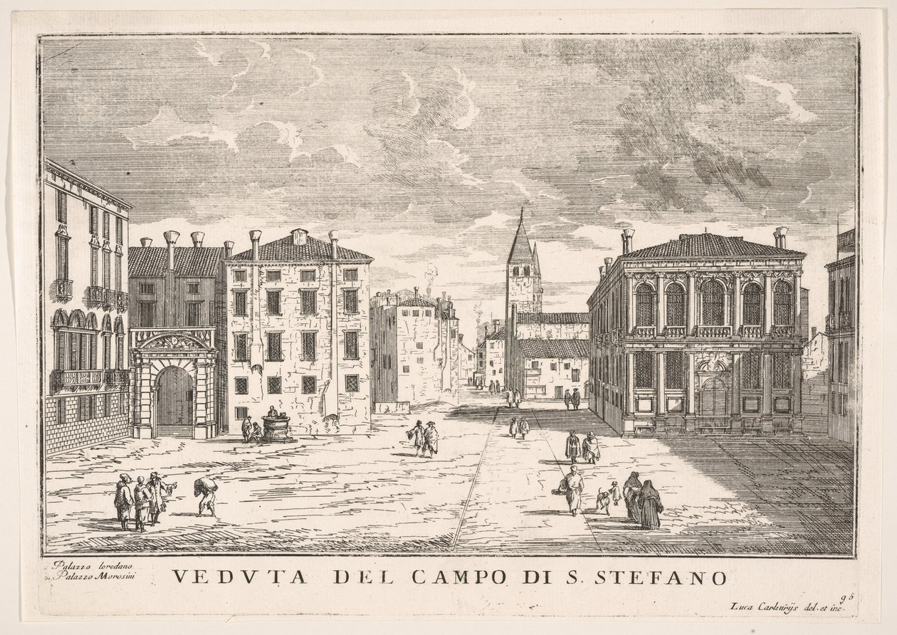Plaat 95: Uitzicht op Campo Santo Stefano met het Loredan Paleis en Morosini Paleis, Venetië, 1703 door Luca Carlevarijs