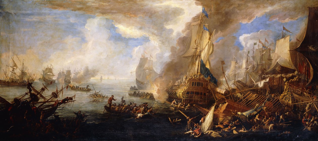 Een Zeeslag met Sardijnse en Venetiaanse Oorlogsschepen en Sardijnse en Egyptische(?) Galeien op de Voorgrond door Luca Carlevaris