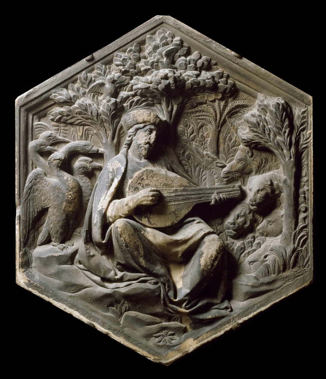 Allegorie van Muziek als Orpheus De dieren van het bos luisteren naar Orpheus die de luit speelt. Hoog reliëf door Luca della Robbia door Luca Della Robbia