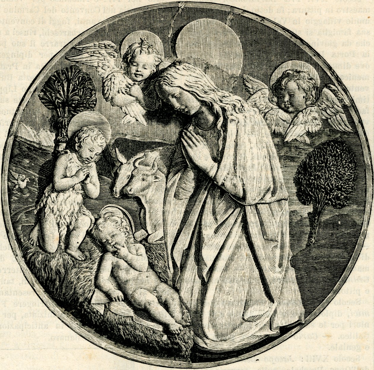 Madonna in aanbidding van het Kind met de jonge Johannes de Doper en cherubijnen, door Luca della Robbia (1399/1400-1482), Prato, Toscane, Italië, houtsnede uit Le cento città d