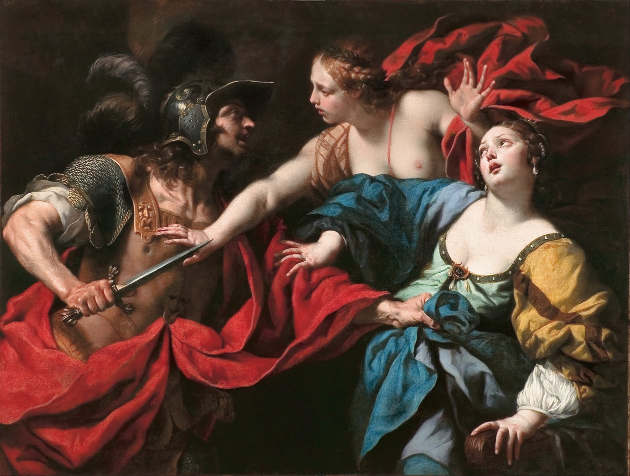 Venus die voorkomt dat haar zoon Aeneas Helena van Troje vermoordt door Luca Ferrari