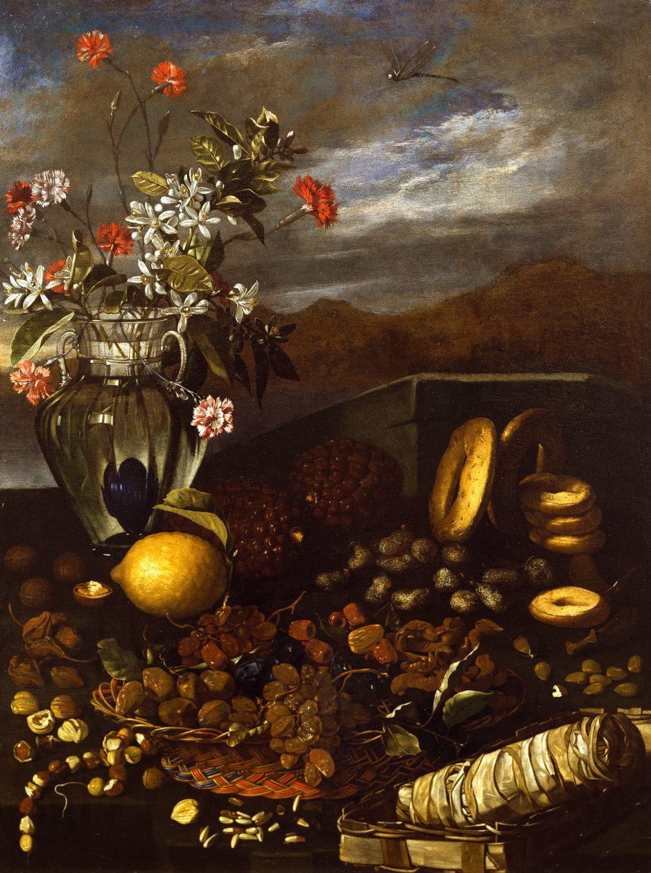 Stilleven met gedroogd fruit, bloemen en landschap door Luca Forte