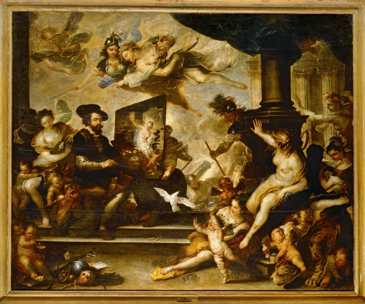 Rubens aan het schilderen: De Allegorie van de Vrede ... (schilderij op doek) door Luca Giordano