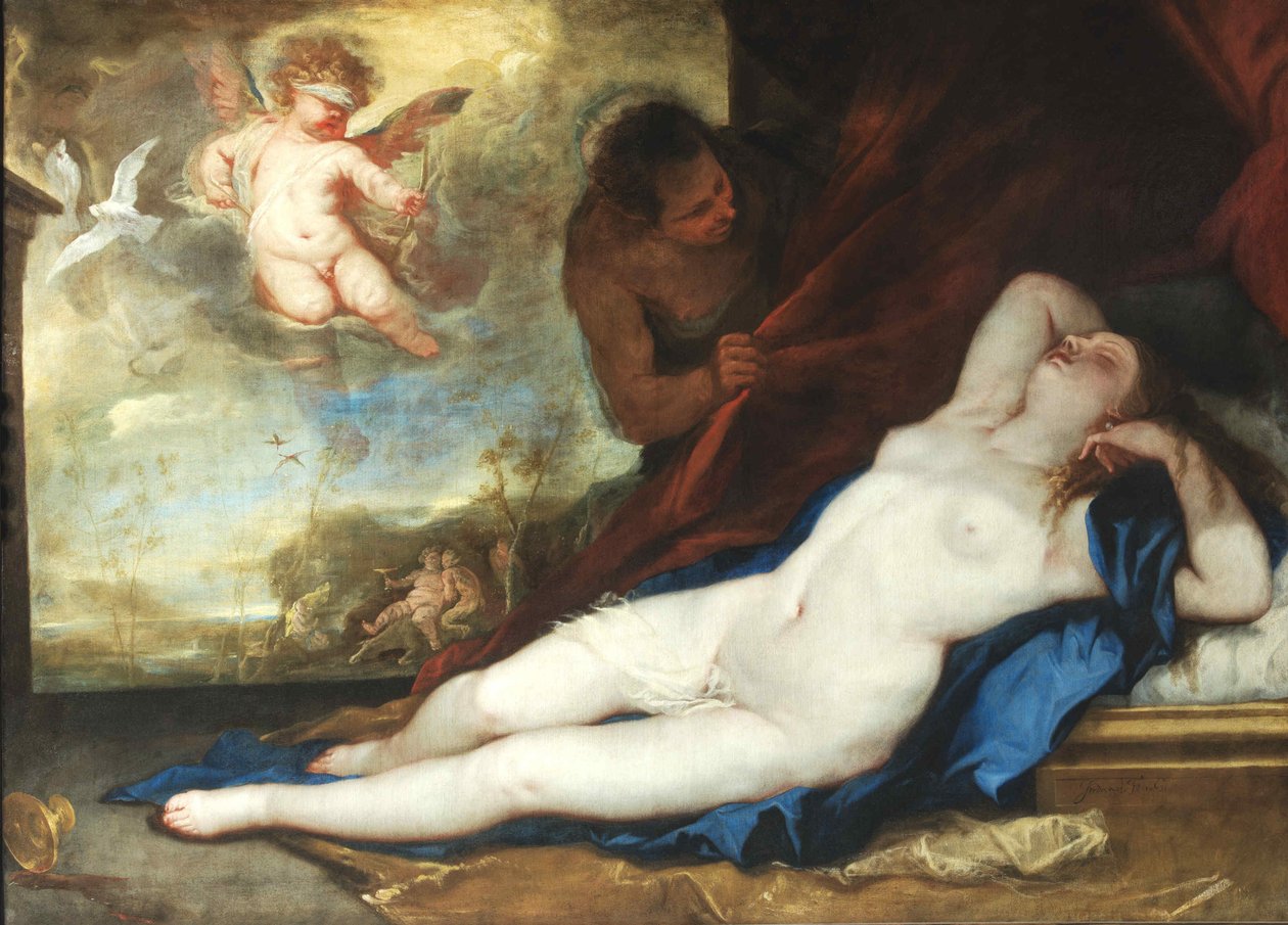 Slapende Venus, Amor en Satyr, ca. 1670 door Luca Giordano