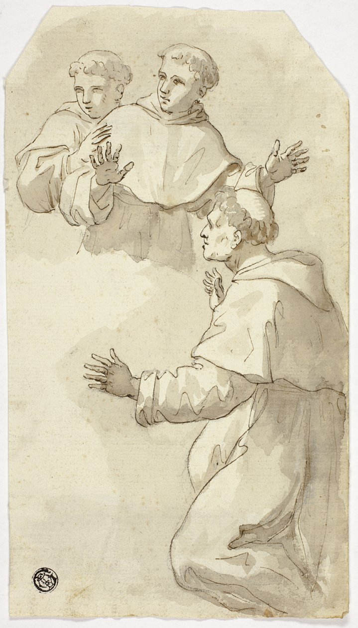 Drie geschrokken monniken, één knielend, twee staand door Luca Giordano