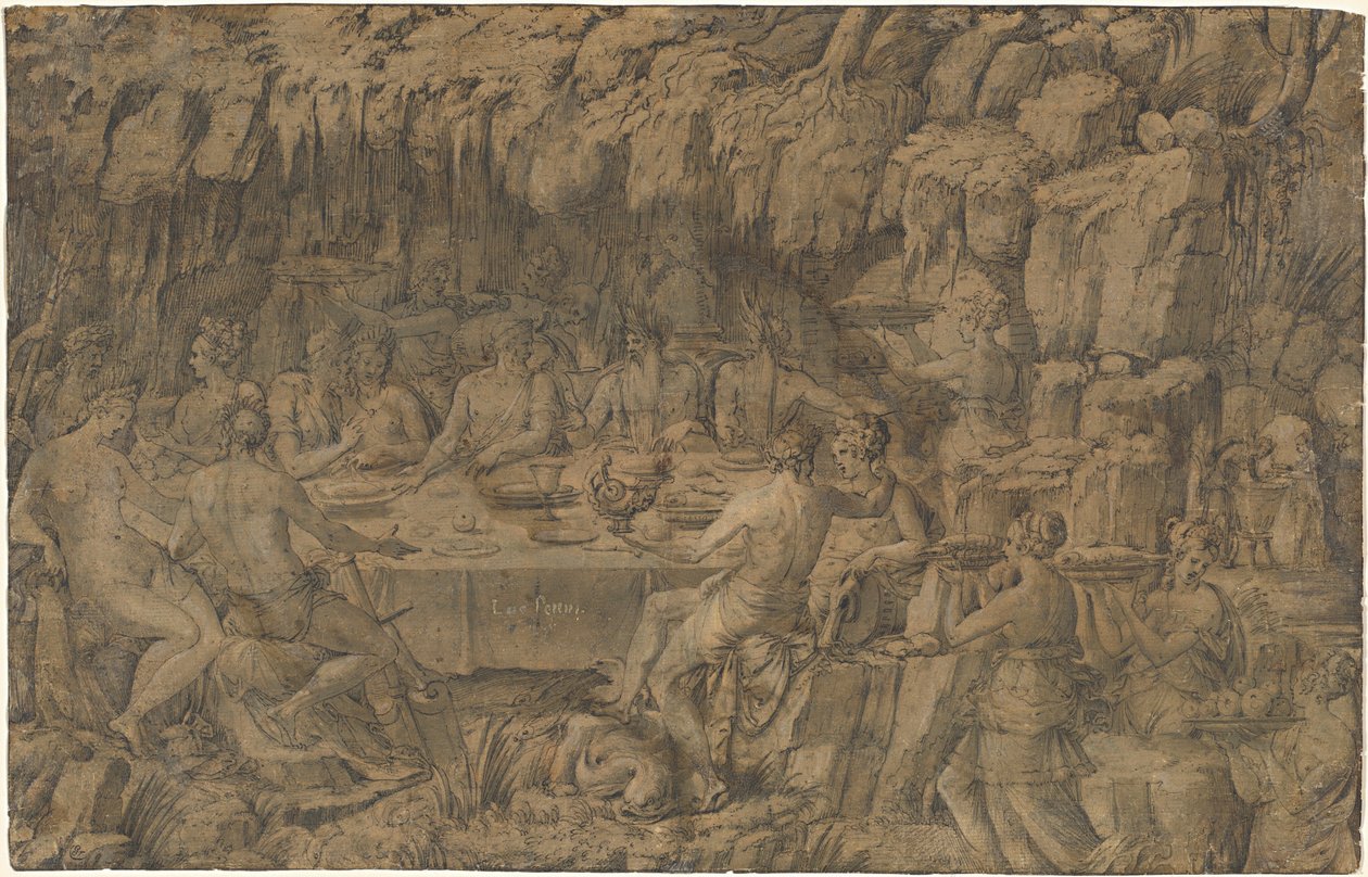 Het banket van Acheloüs, ca. 1545 (pentekening) door Luca Penni
