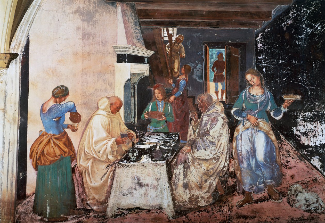 Benedictus vertelt de monniken waar en wanneer ze aten terwijl ze buiten het klooster waren, scène uit de Verhalen van St. Benedictus door Luca Signorelli