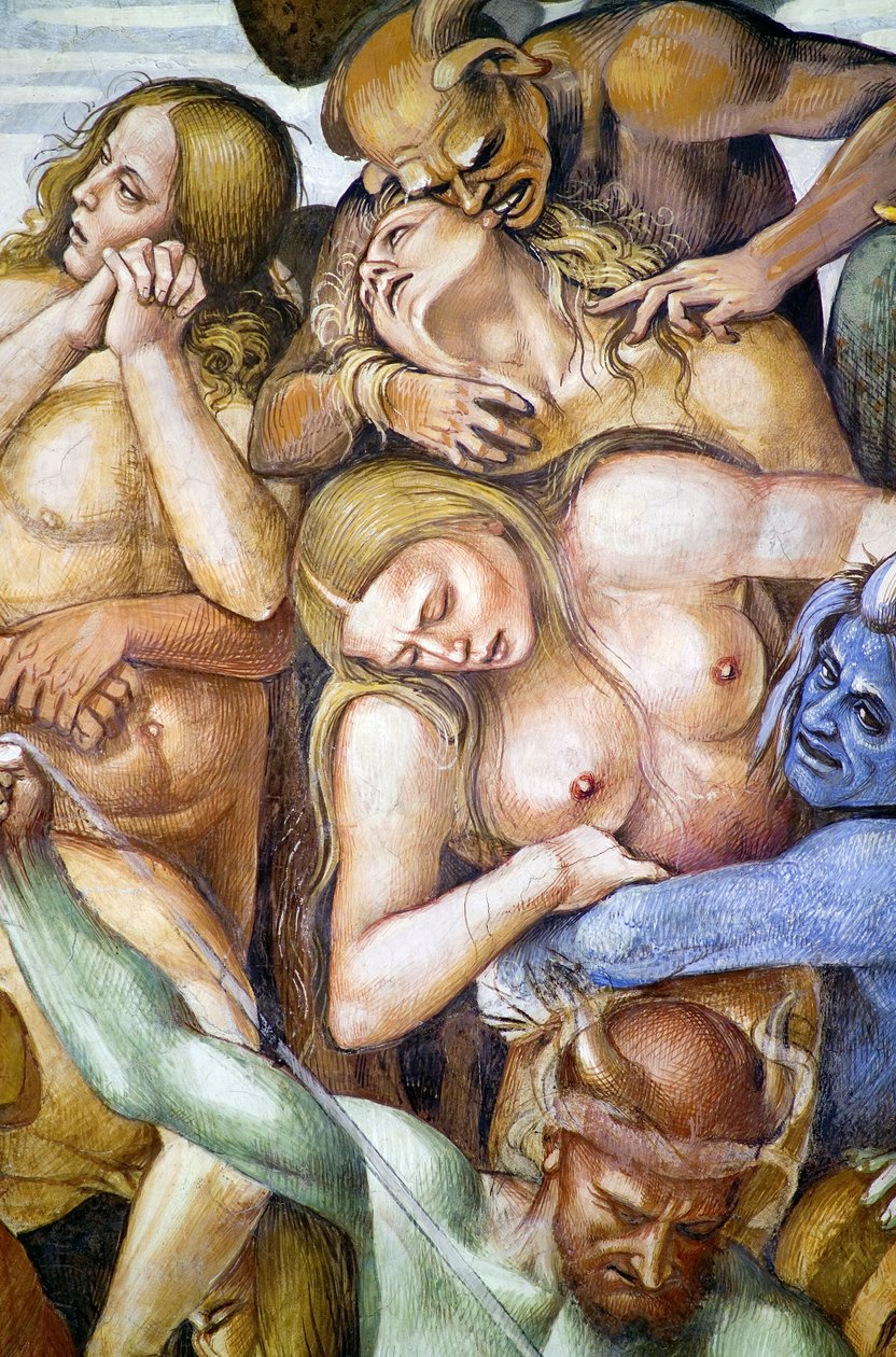 Verdoemden in de hel, detail met zelfportret van Luca Signorelli als blauwe demon door Luca Signorelli