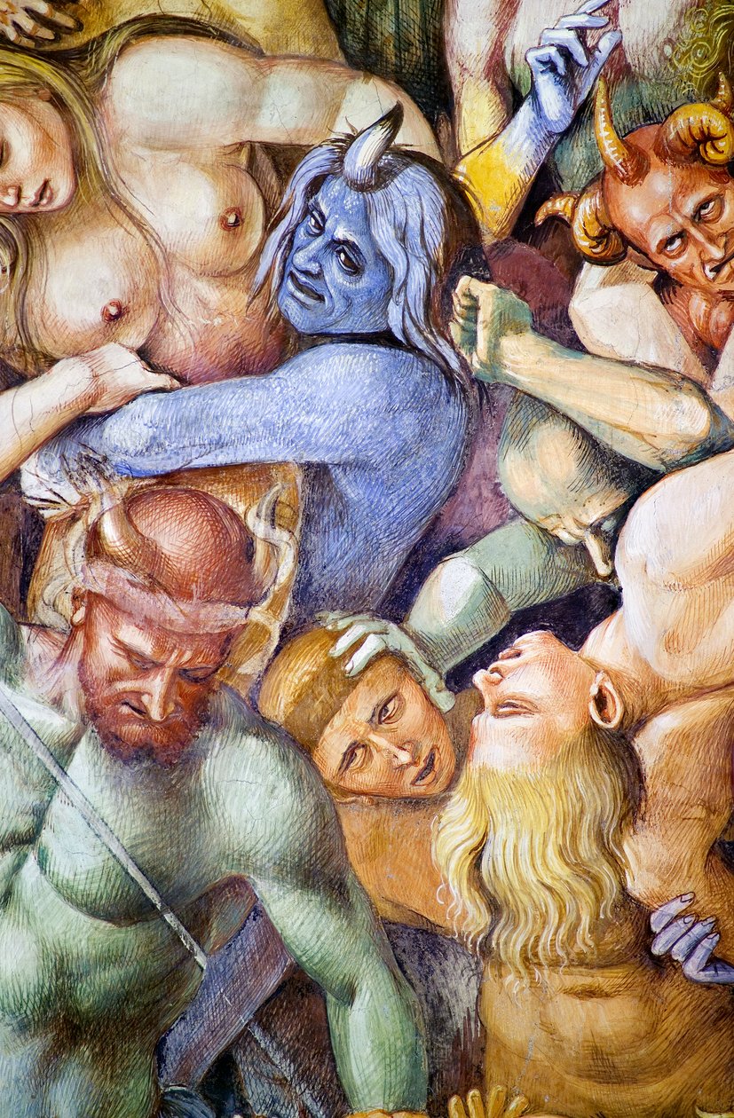 Verdoemden in de hel, detail met zelfportret van Luca Signorelli als blauwe demon door Luca Signorelli