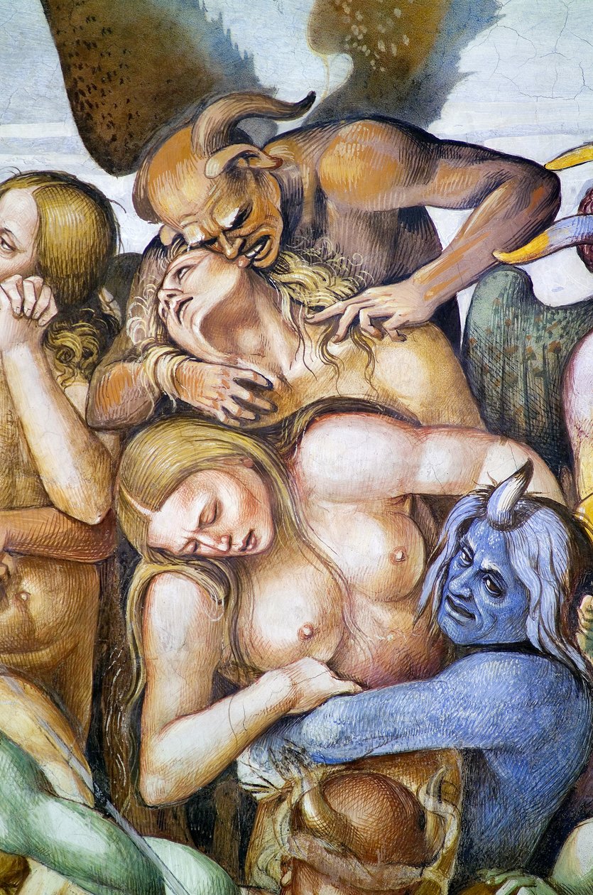 Verdoemden in de hel, detail met zelfportret van Luca Signorelli als blauwe demon, uit Laatste Oordeel fresco cyclus door Luca Signorelli