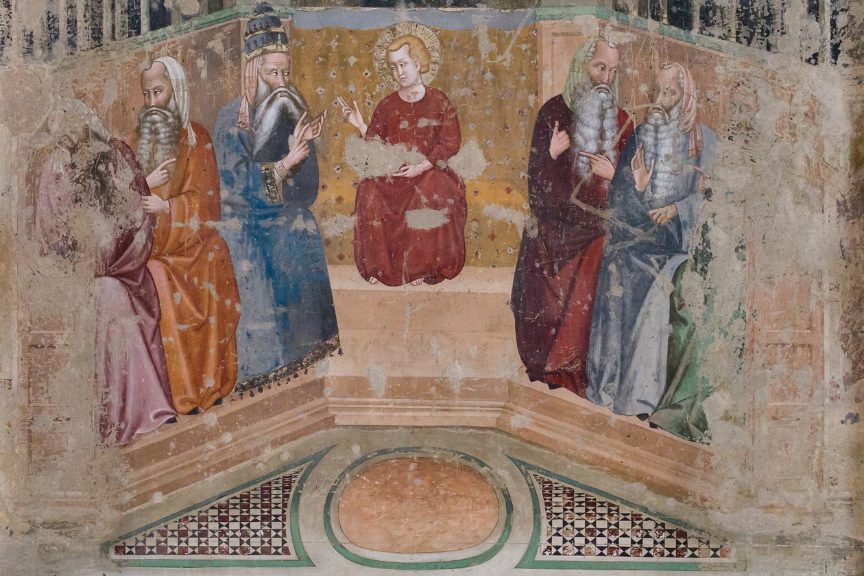 Jezus tussen de dokters van de tempel (fresco) door Luca di (attr.to) Tommè