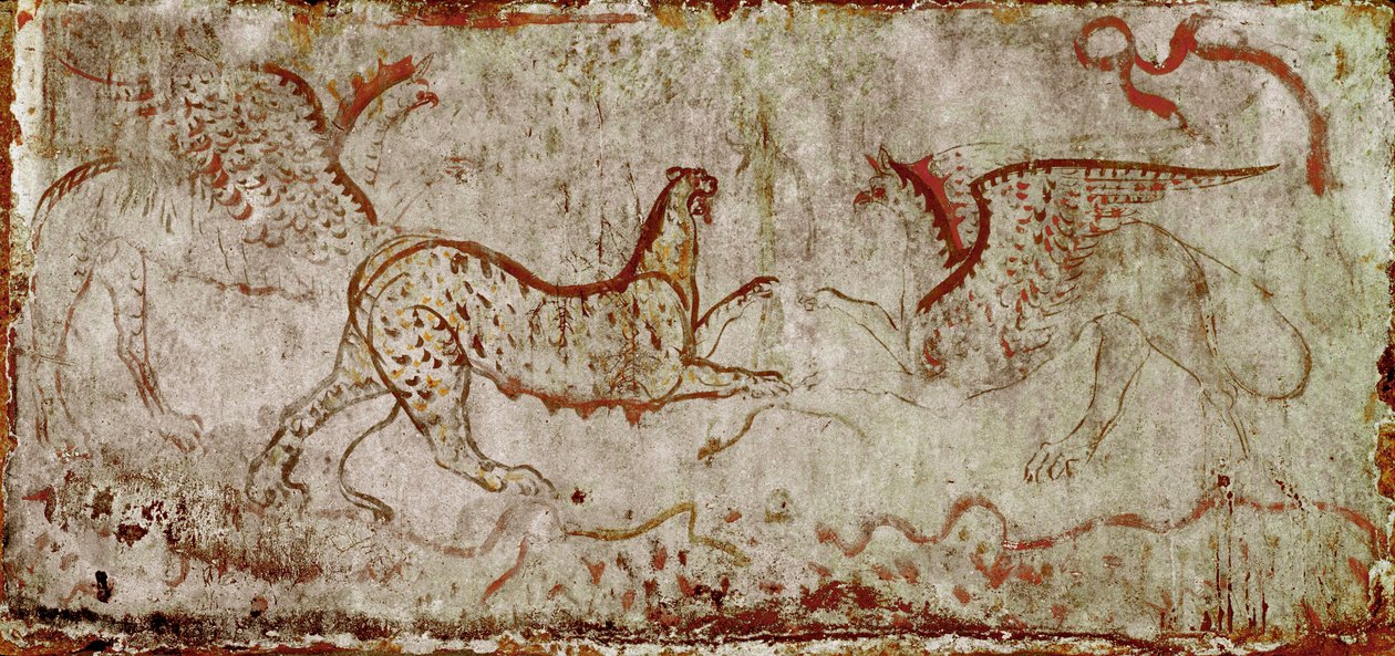 Een gevecht tussen een panter en een griffioen. Lucanisch fresco uit de 4e eeuw v.Chr., uit het graf van de Ruiter, necropolis van Paestum, Italië. Museo nazionale archeologico, Paestum door Lucanian School