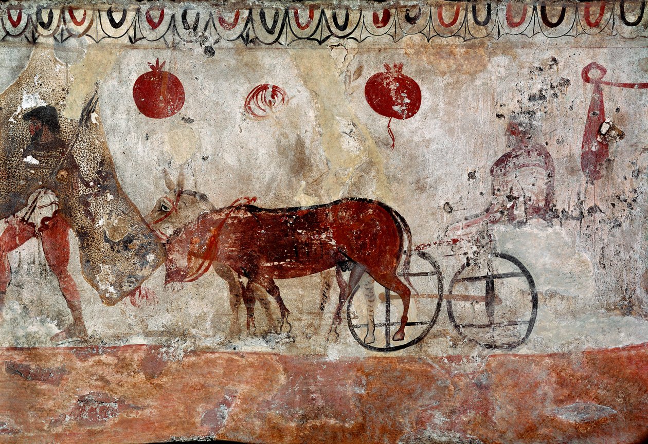 Een herder en twee ezels Lucaanse fresco uit de 4e eeuw v.Chr., uit de necropolis van Paestum, Italië. Museo nazionale archeologico, Paestum door Lucanian School