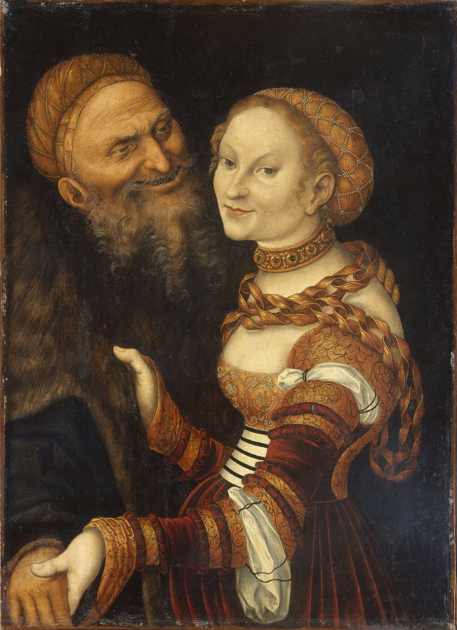 Courtisane en oude man door Lucas Cranach the Elder