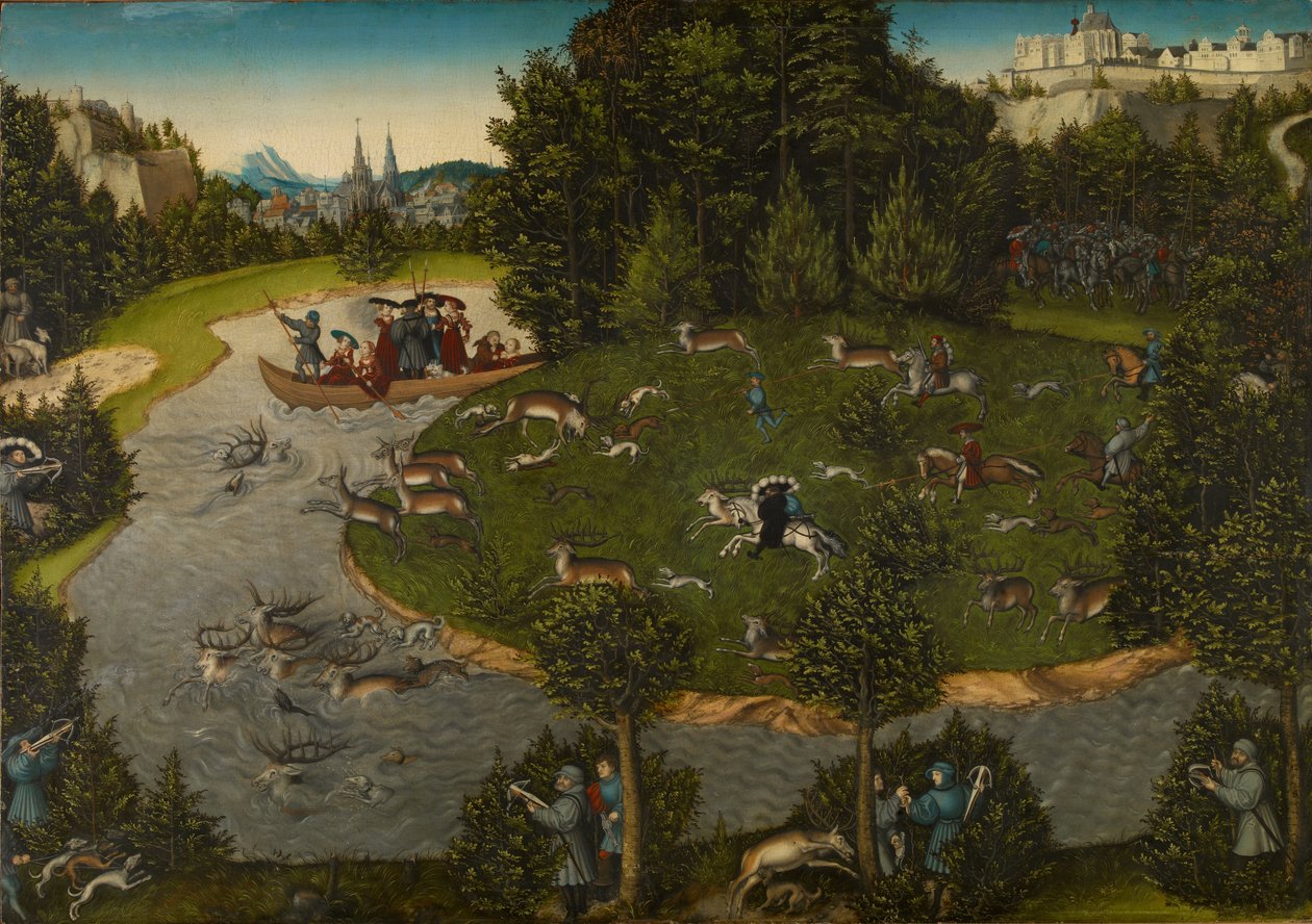 Een hertenjacht met Frederik III, keurvorst van Saksen, Frederik de Wijze door Lucas Cranach the Elder