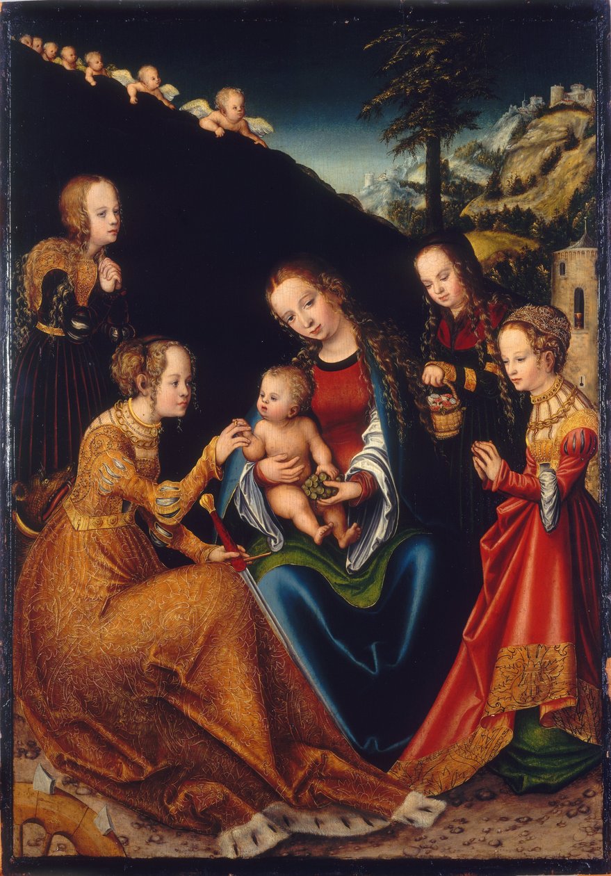Het mystieke huwelijk van Sint-Catharina van Alexandrië met de heiligen Dorothea, Margaretha en Barbara door Lucas Cranach the Elder