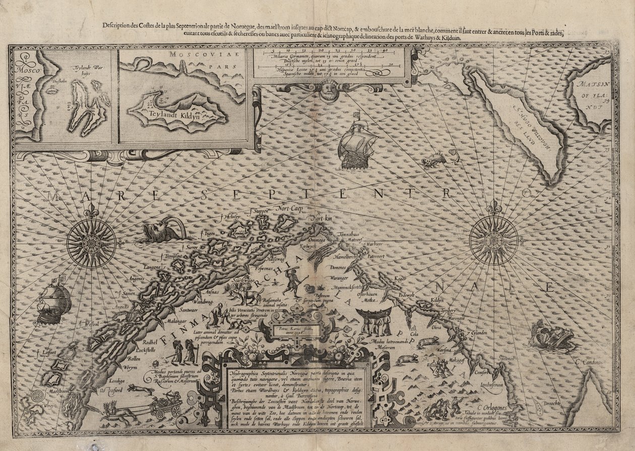 Kaart van Noord-Noorwegen met vergrote uitsnedes van Vardø en Kildin door Willem Barents door Lucas Janszoon Waghenaer