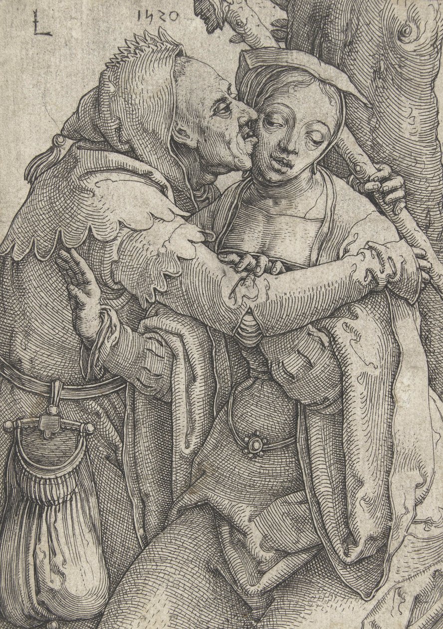 De nar en de jonge vrouw, 1520 door Lucas van Leyden