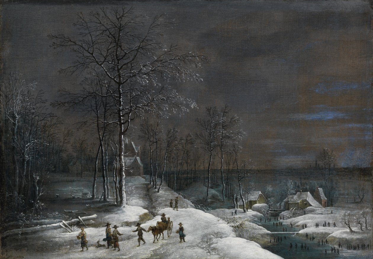 Winterlandschap met besneeuwde watermolen en figuren door Lucas van Uden